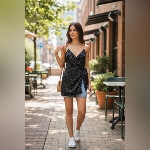 Thurley SILK Polka Dot Tank Top Spaghetti Straps Black White Wrap V-neck Sz 10